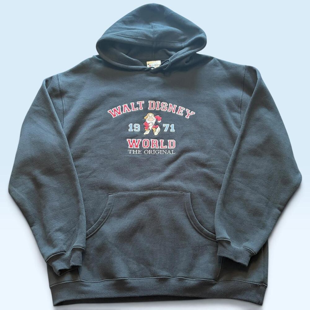 Disney Hoodie Sweatshirt Mens Large Black Fleece Grumpy 1971 Walt Disney World